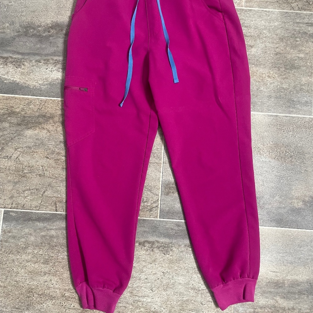 Figs Women's Jogger Pants in Magenta with Blue Drawstring